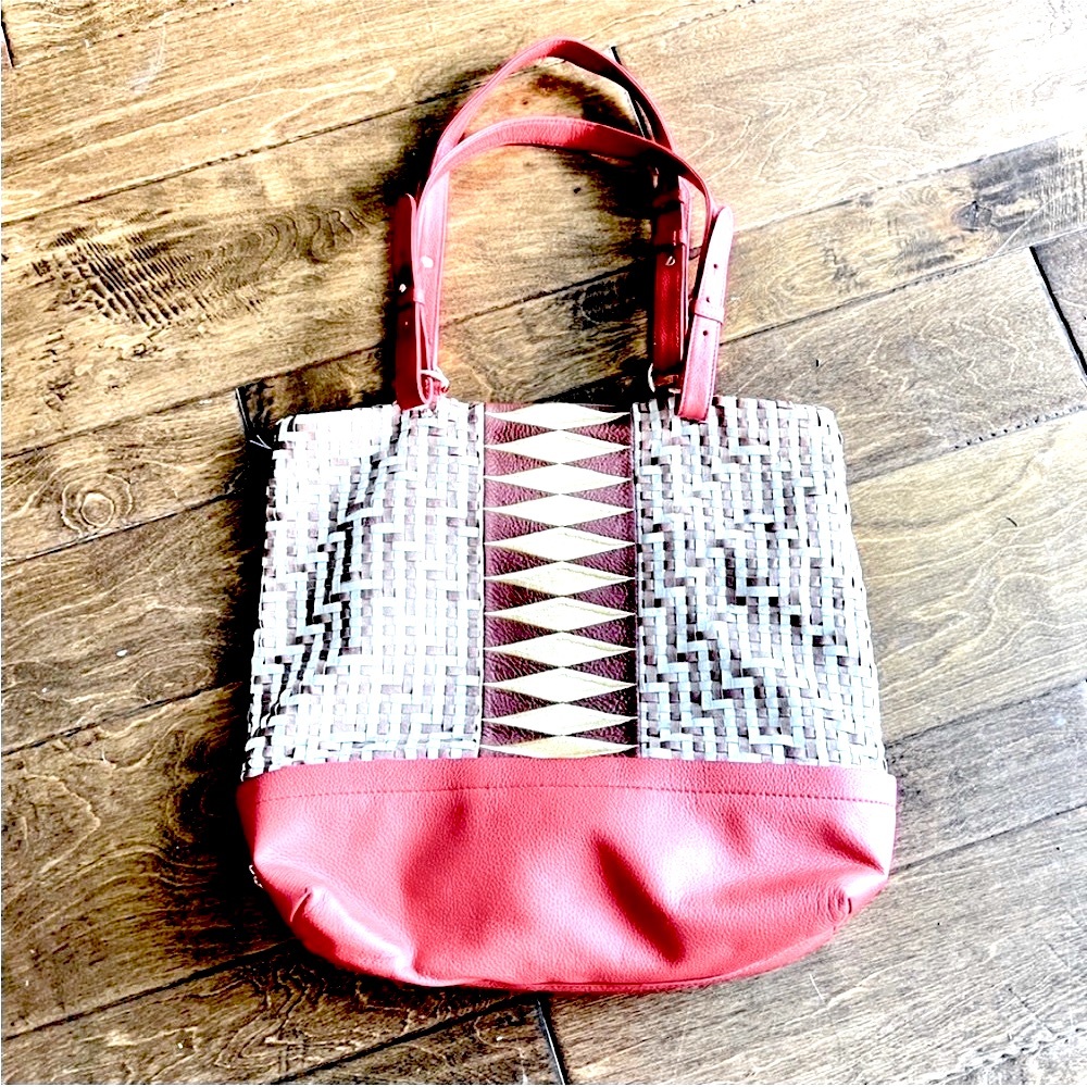 Elliott Lucca Art Deco Woven Leather Tote Bag Red Geometric Boho Shoulder Bag